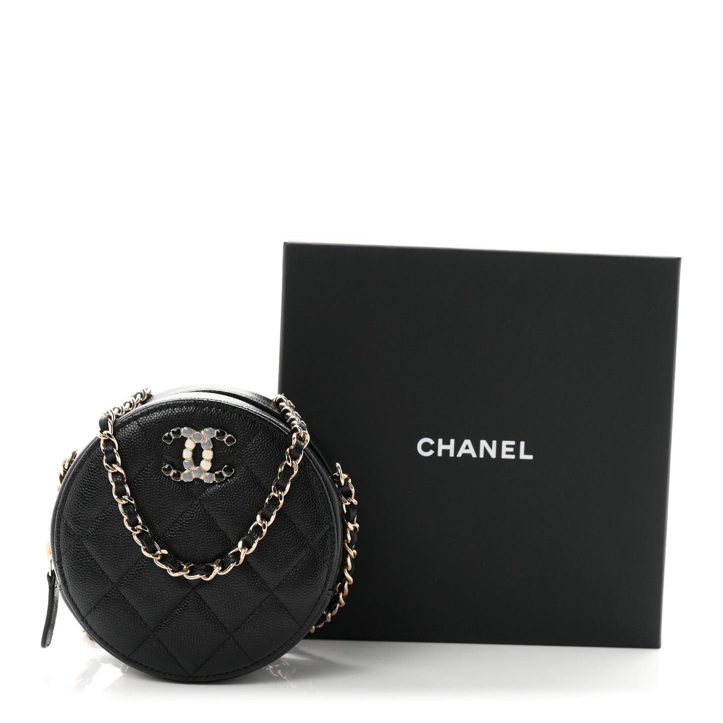 Caviar Quilted Gripoix CC Round Clutch With Chain Black