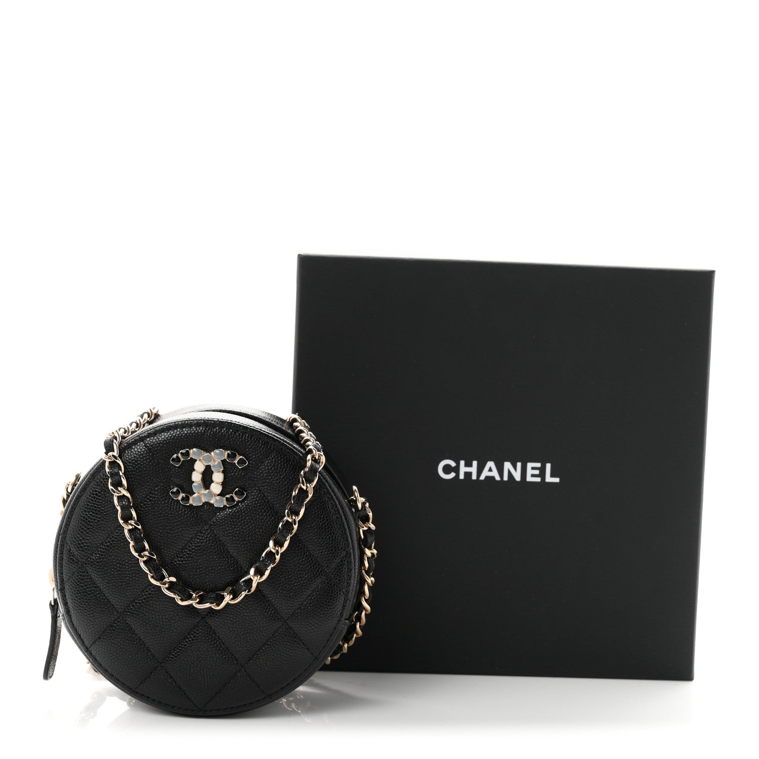Chanel Caviar Quilted Gripoix CC Round Clutch With Chain Black 10 of 10