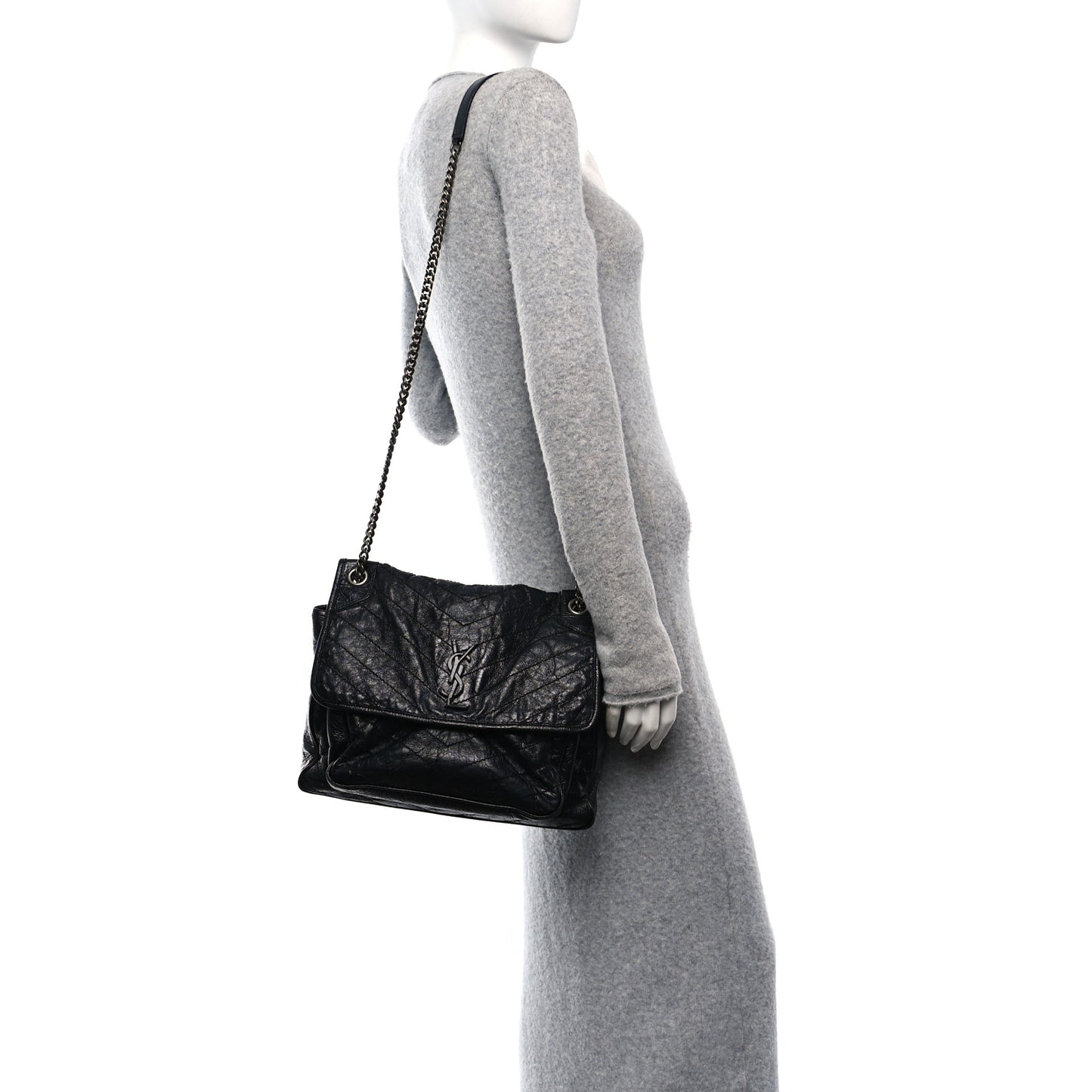 Crinkled Calfskin Matelasse Monogram Large Niki Chain Satchel Black