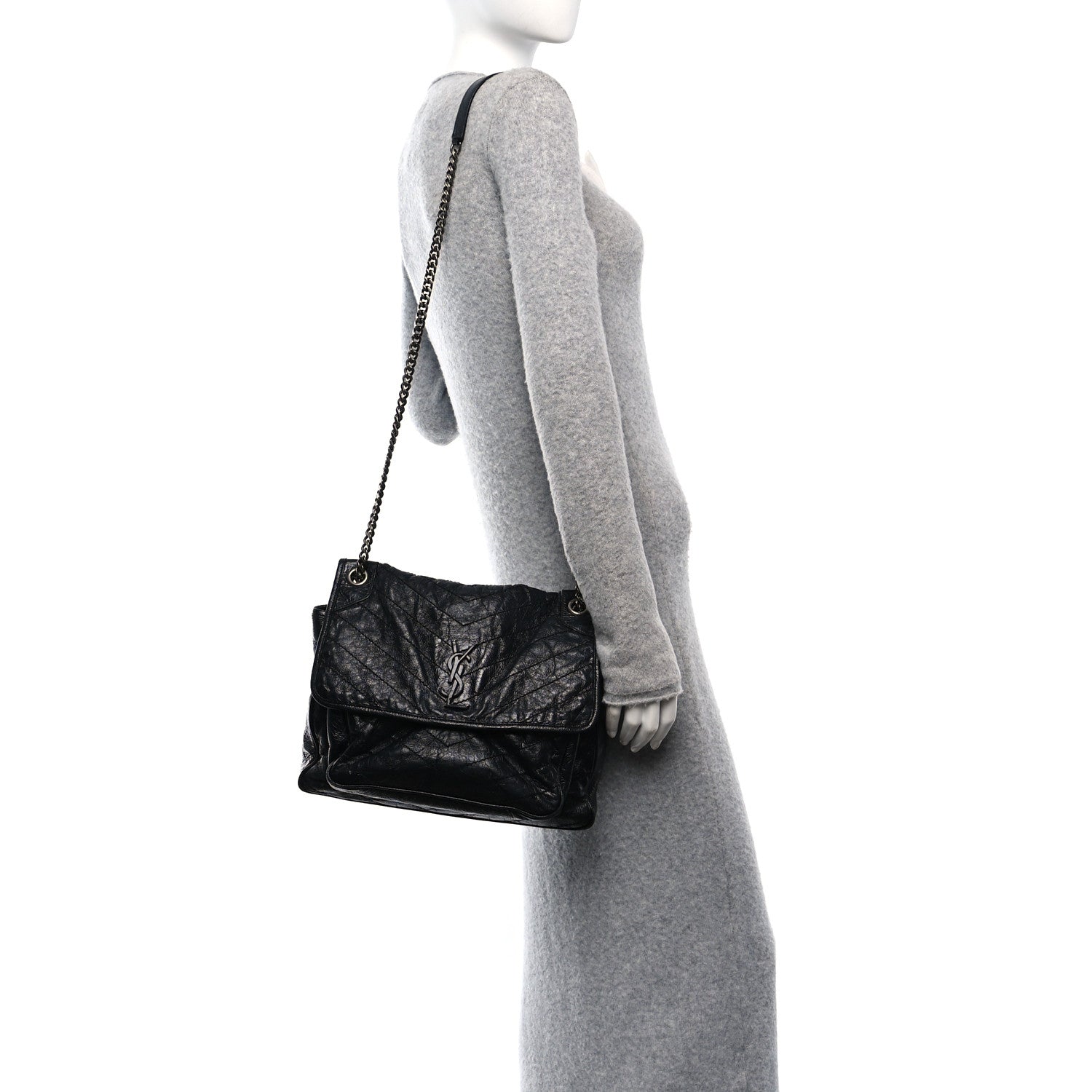 Saint Laurent Crinkled Calfskin Matelasse Monogram Large Niki Chain Satchel Black 2 of 10