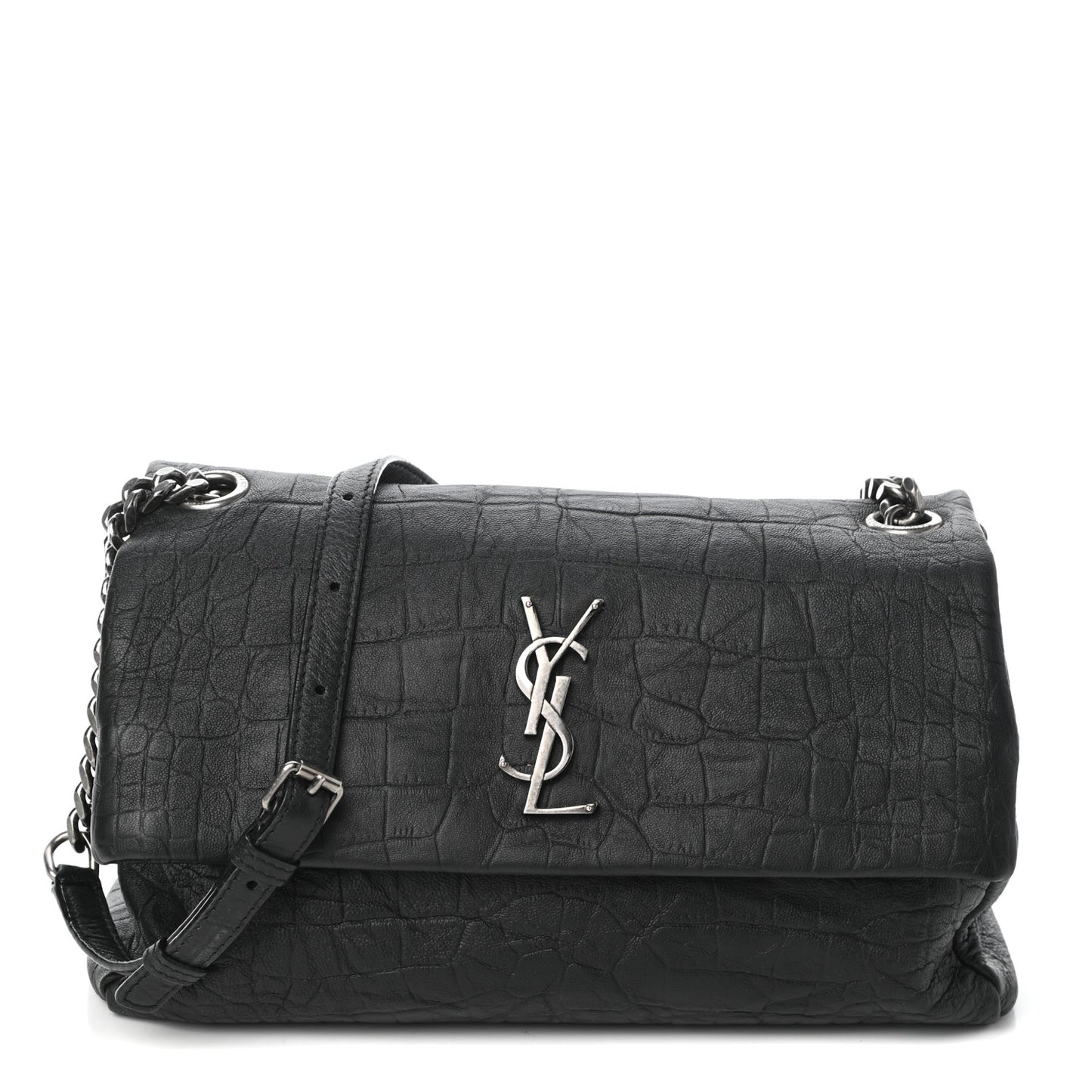 Calfskin Crocodile Embossed Medium West Hollywood Monogram Fold-Over Black