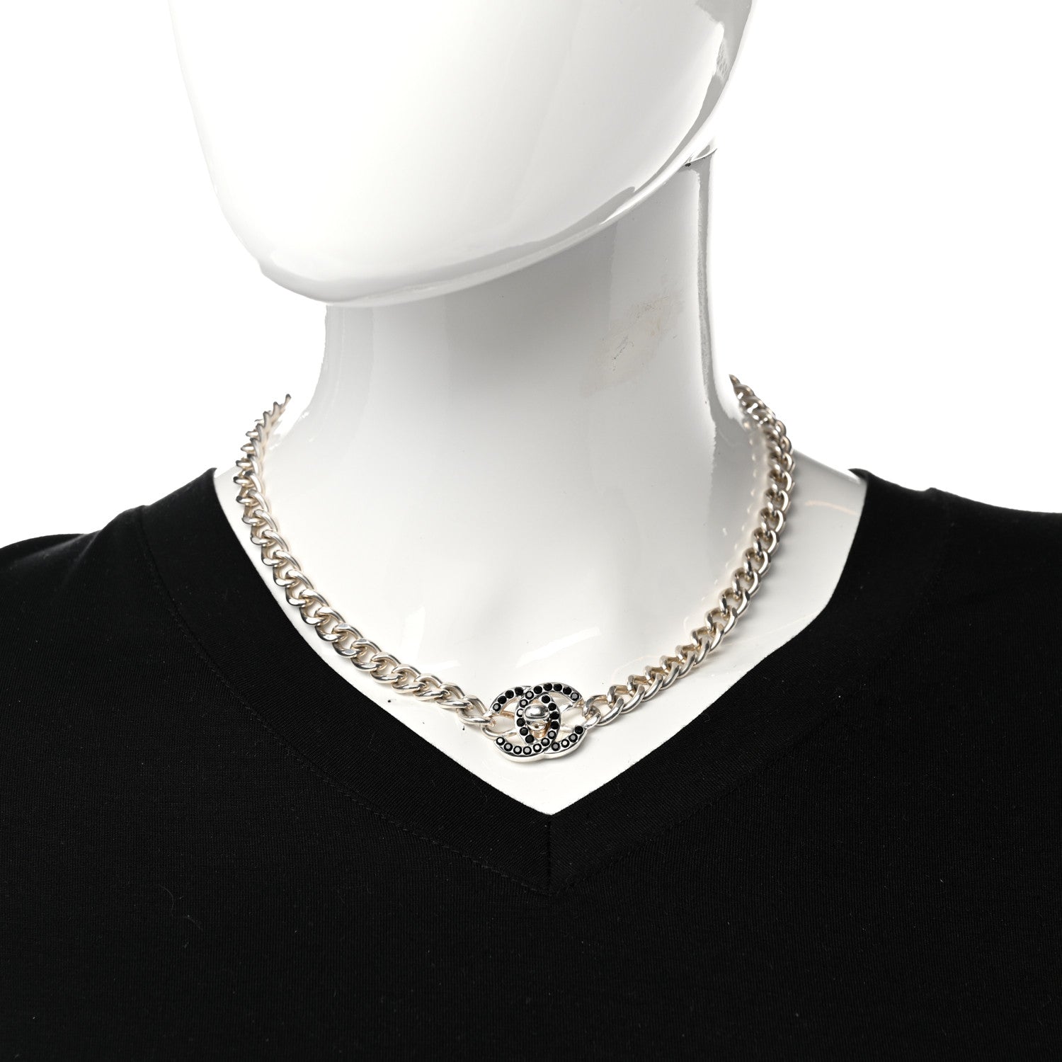 Chanel Crystal Chain Link CC Turn Lock Choker Necklace Silver Black 2 of 6
