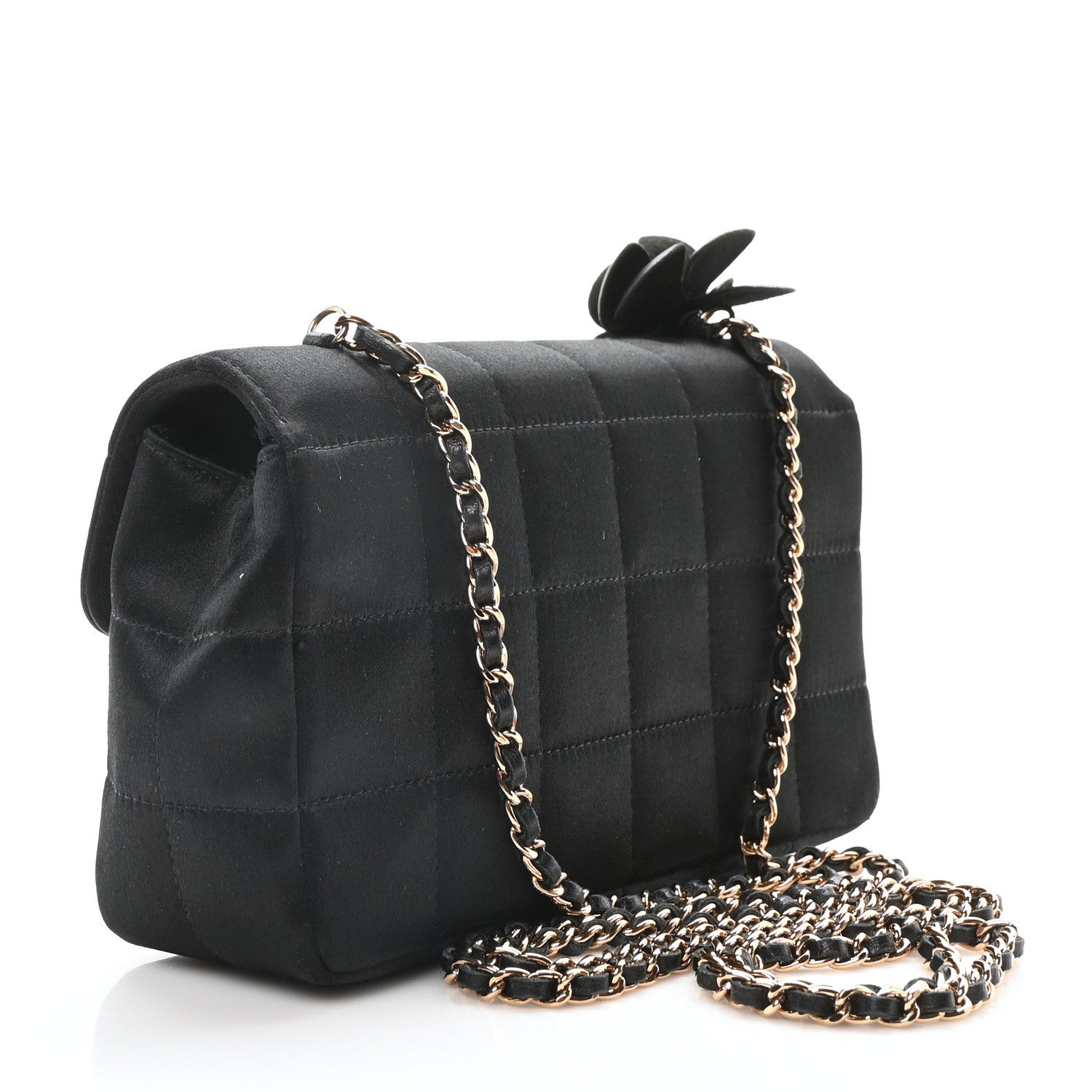 Chanel Satin Chocolate Bar Quilted Camellia Rectangular Mini Flap Black 3 of 10