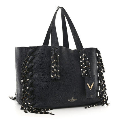 Valentino Garavani Grained Calfskin Rockstud C-Rockee Fringe Tote Deep Denim 2 of 9