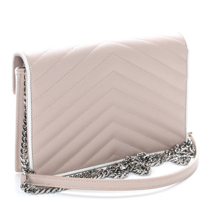 Saint Laurent Grain De Poudre Matelasse Chevron Monogram Envelope Chain Wallet Pink White 2 of 9