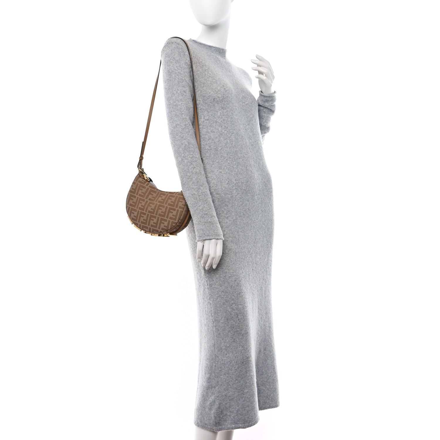 Fendi Fabric Jacquard Vitello Grace FF 1974 Mini Fendigraphy Hobo Bag Beige 2 of 10