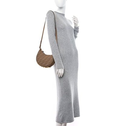 Fendi Fabric Jacquard Vitello Grace FF 1974 Mini Fendigraphy Hobo Bag Beige 2 of 10