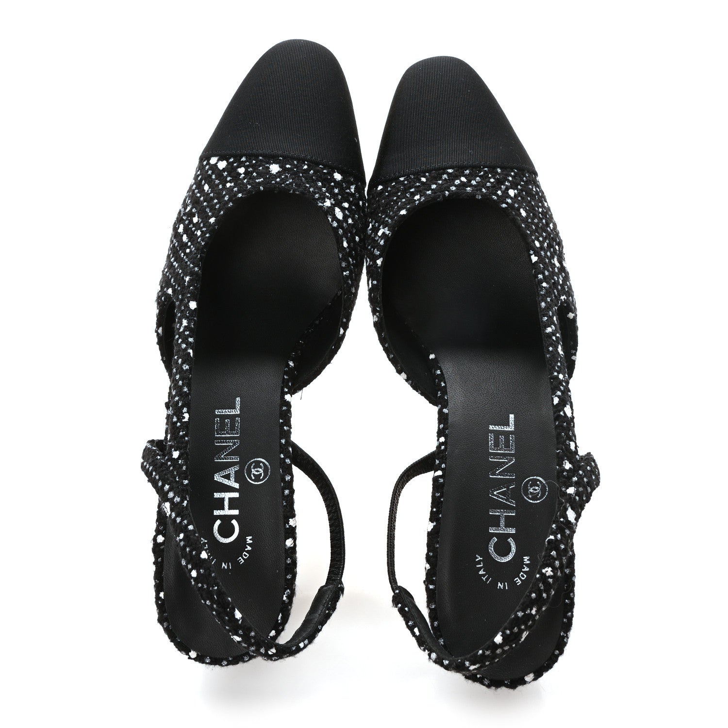 Chanel Tweed Grosgrain Cap Toe CC Slingback Pumps 37 Black White 2 of 9