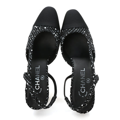 Chanel Tweed Grosgrain Cap Toe CC Slingback Pumps 37 Black White 2 of 9