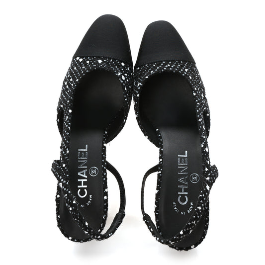 Tweed Grosgrain Cap Toe CC Slingback Pumps 37 Black White