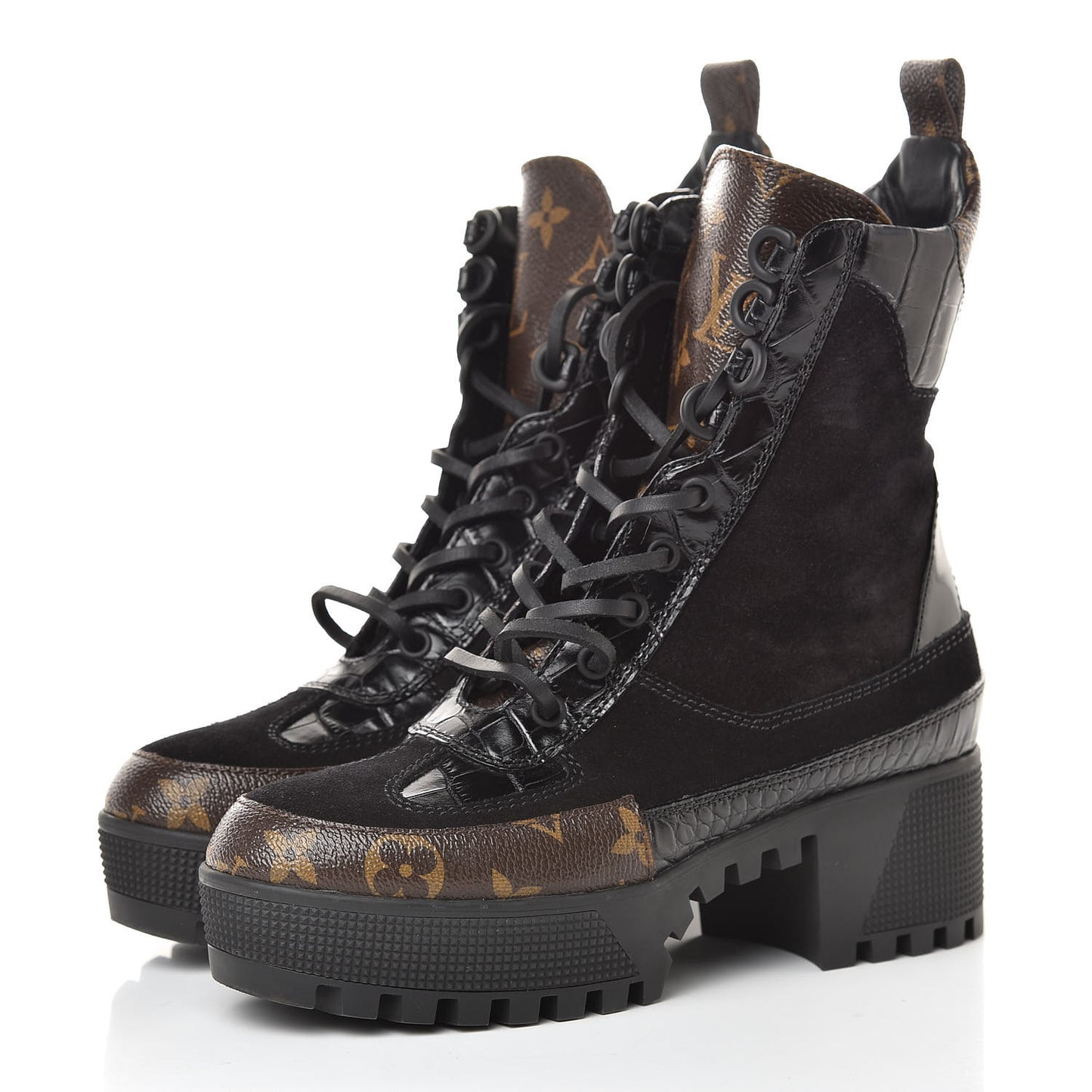 Suede Calfskin Monogram Laureate Platform Desert Boots 34.5 Black