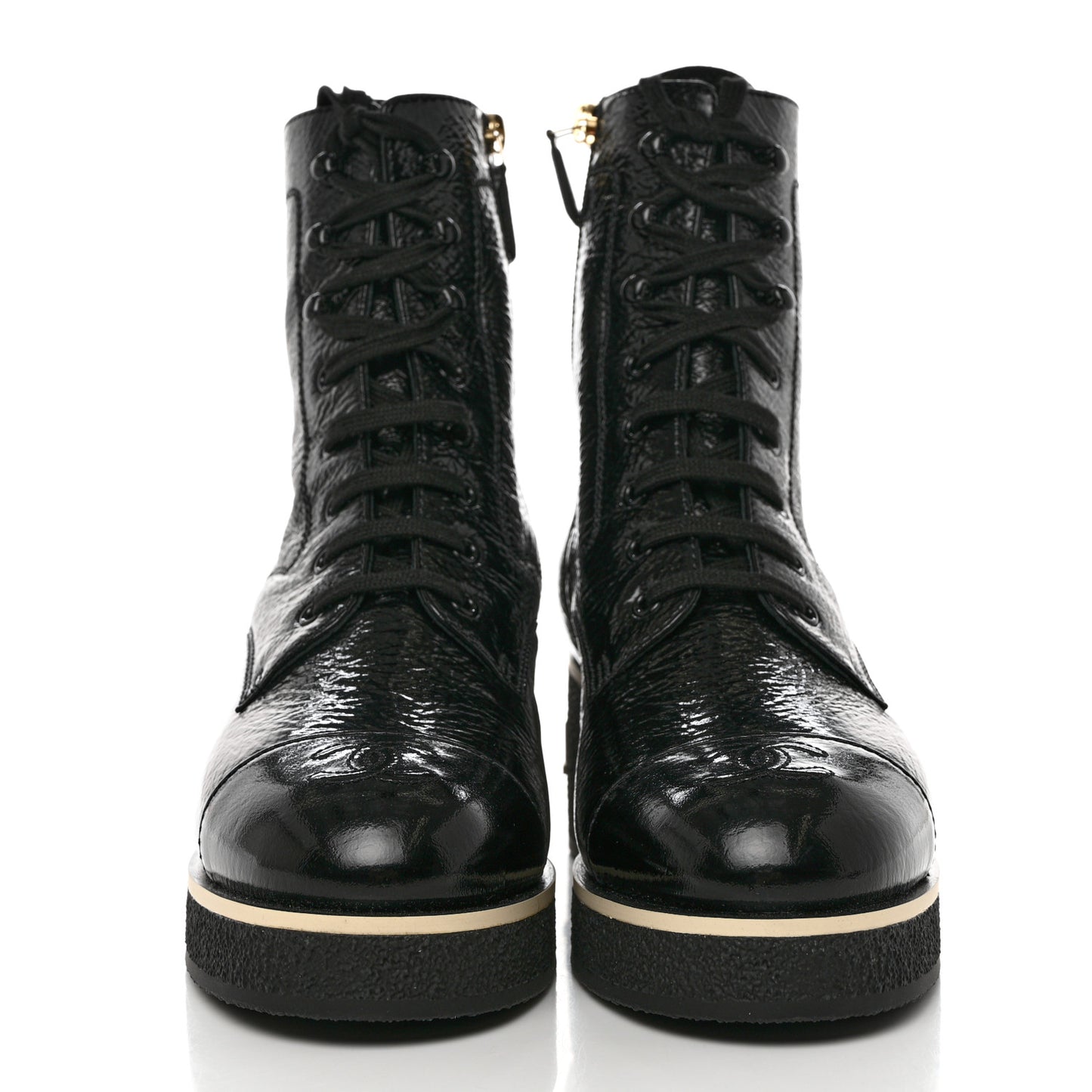 Shiny Crumpled Lambskin Lace Up Combat Boots 40.5 Black