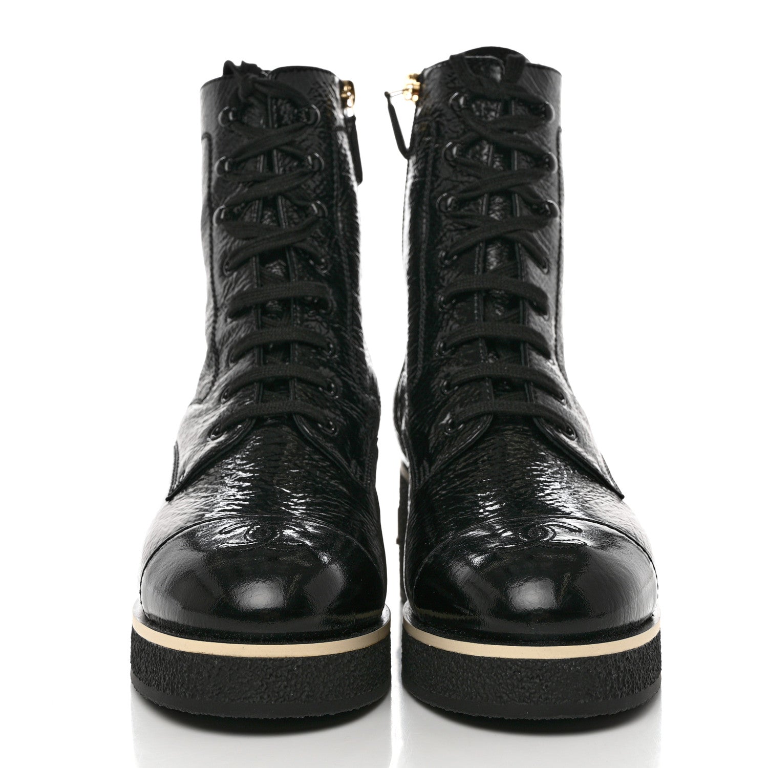 Chanel Shiny Crumpled Lambskin Lace Up Combat Boots 40.5 Black 2 of 9