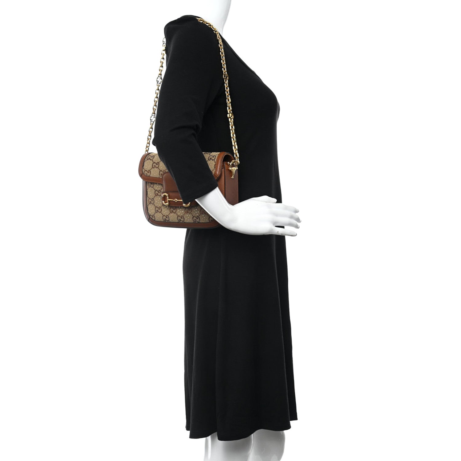 Gucci New Canvas Charisma Calfskin Crystal GG Monogram Mini Horsebit 1955 Shoulder Bag Camel Ebony 2 of 11