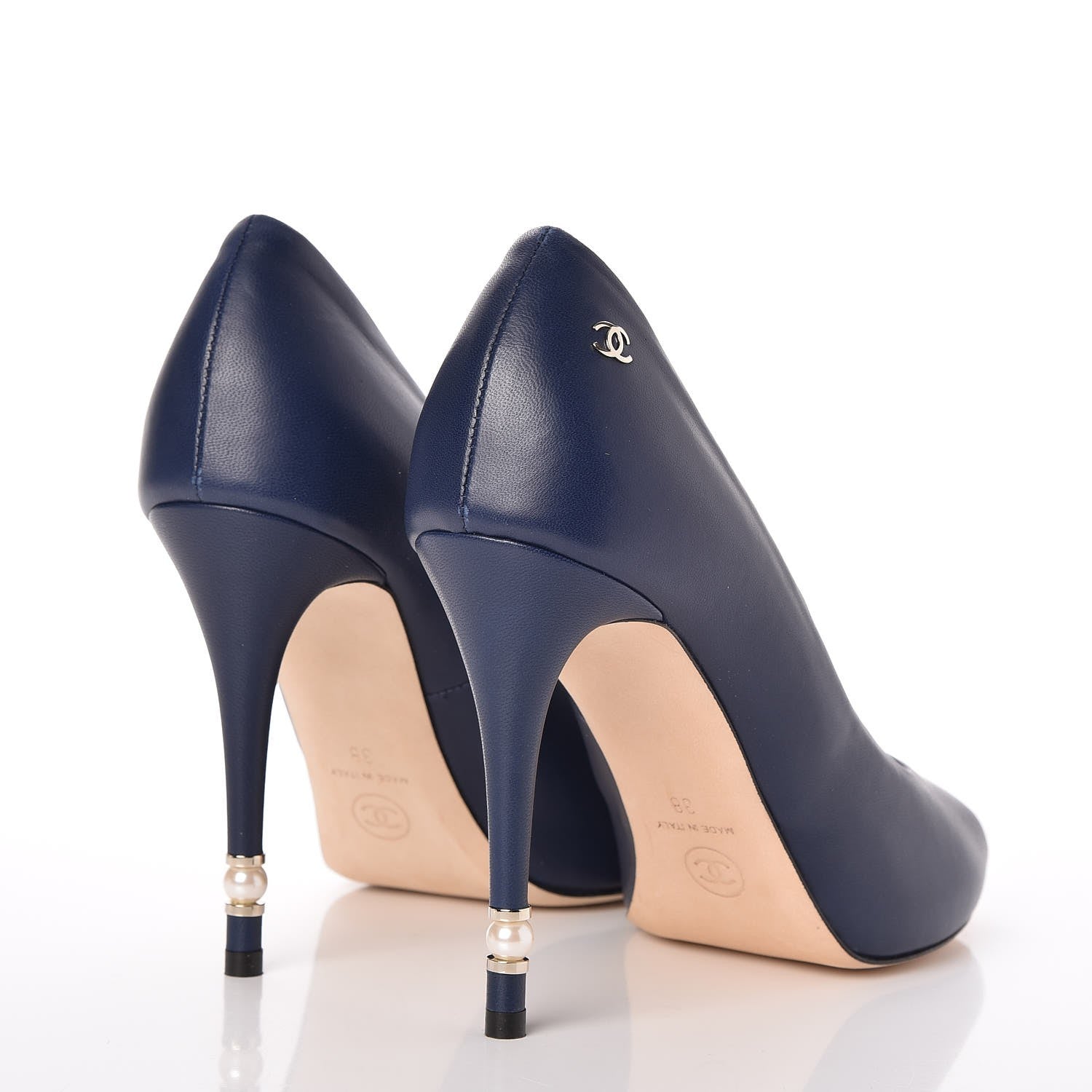 Chanel Lambskin Pearl Peep Toe Pumps 38 Navy 4 of 9