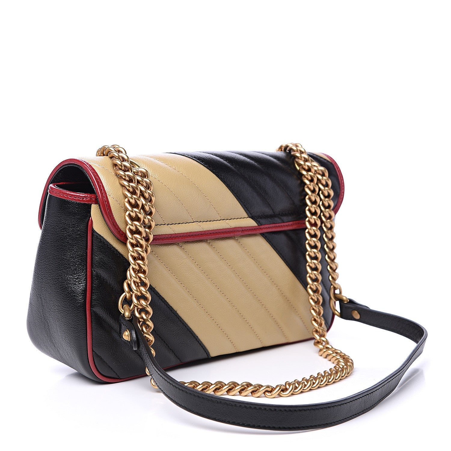 Gucci Vintage Effect Calfskin Matelasse Diagonal Striped Small Torchon GG Marmont Shoulder Bag Black Beige 2 of 7