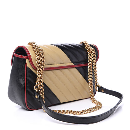 Gucci Vintage Effect Calfskin Matelasse Diagonal Striped Small Torchon GG Marmont Shoulder Bag Black Beige 2 of 7