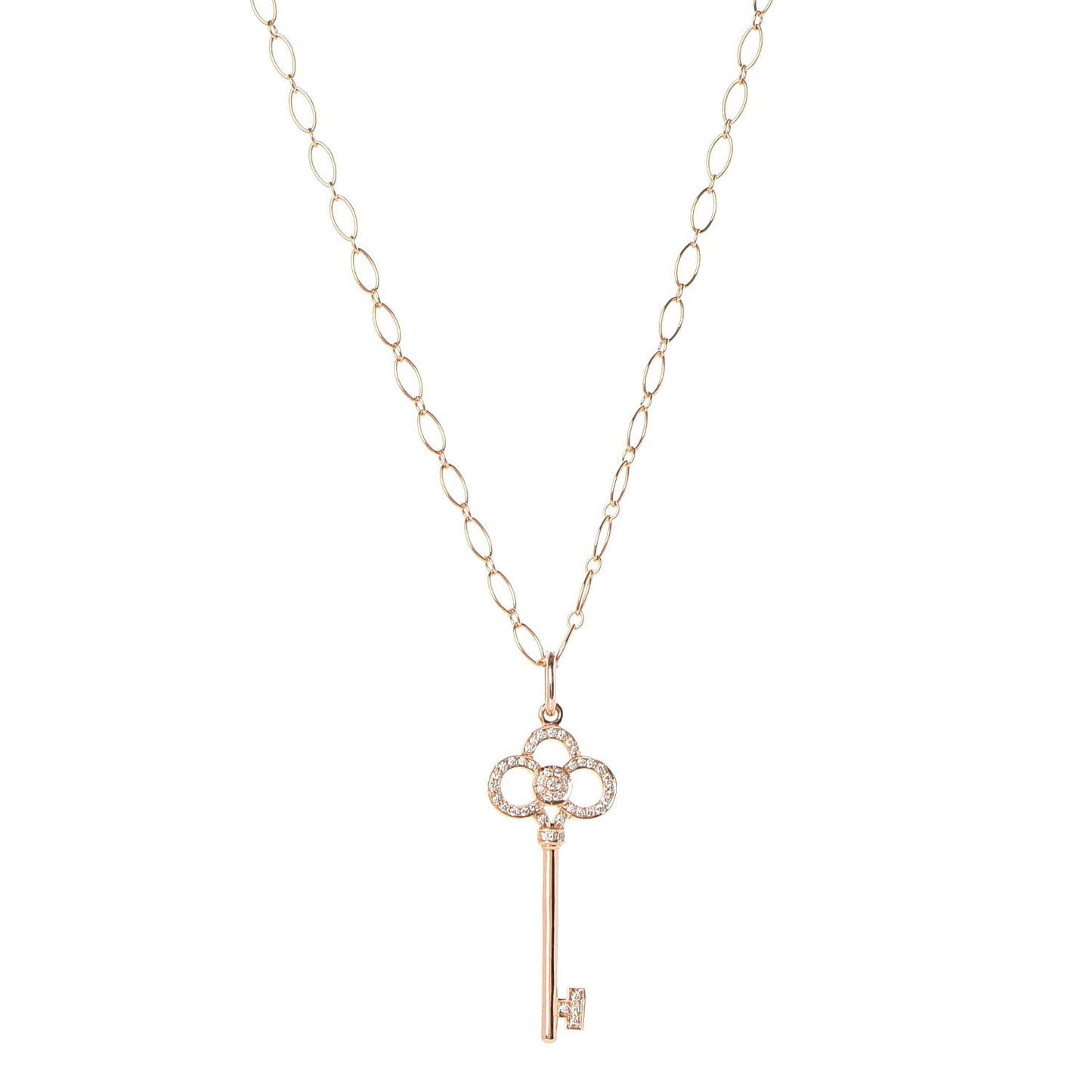 18K Yellow Gold Diamond Crown Key Pendant Link Chain Necklace
