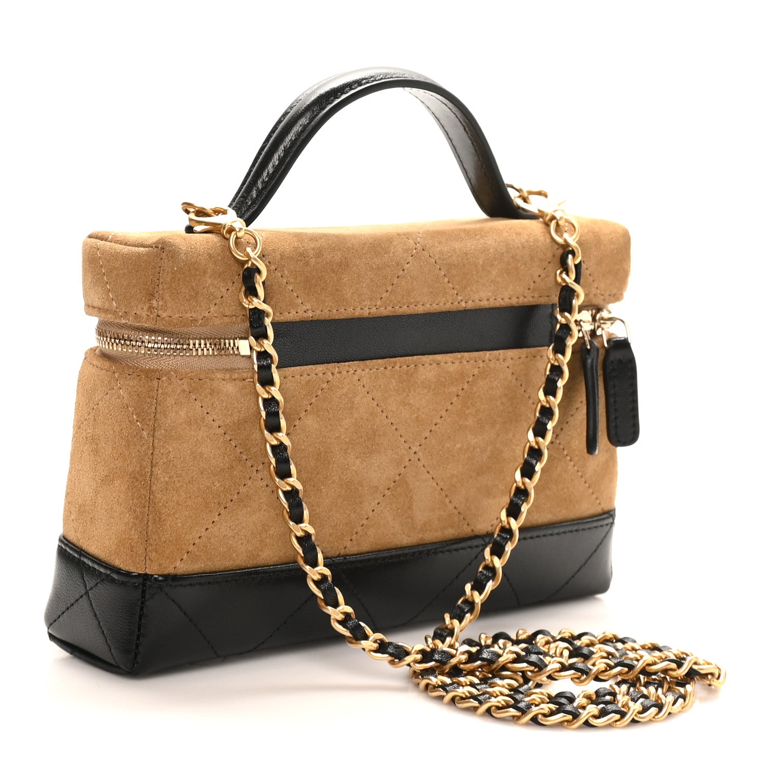 Chanel Suede Calfskin Shiny Lambskin Stitched Top Handle Slim Vanity Case With Chain Beige Black 3 of 11