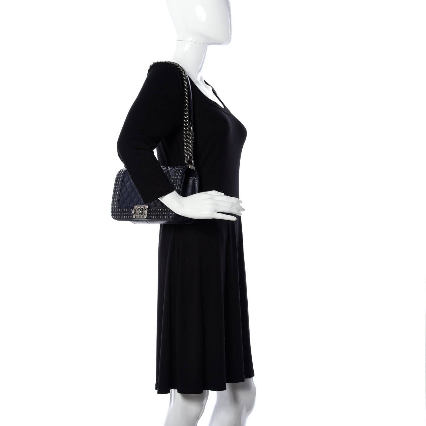 Calfskin Quilted Studded Medium Boy Flap Navy