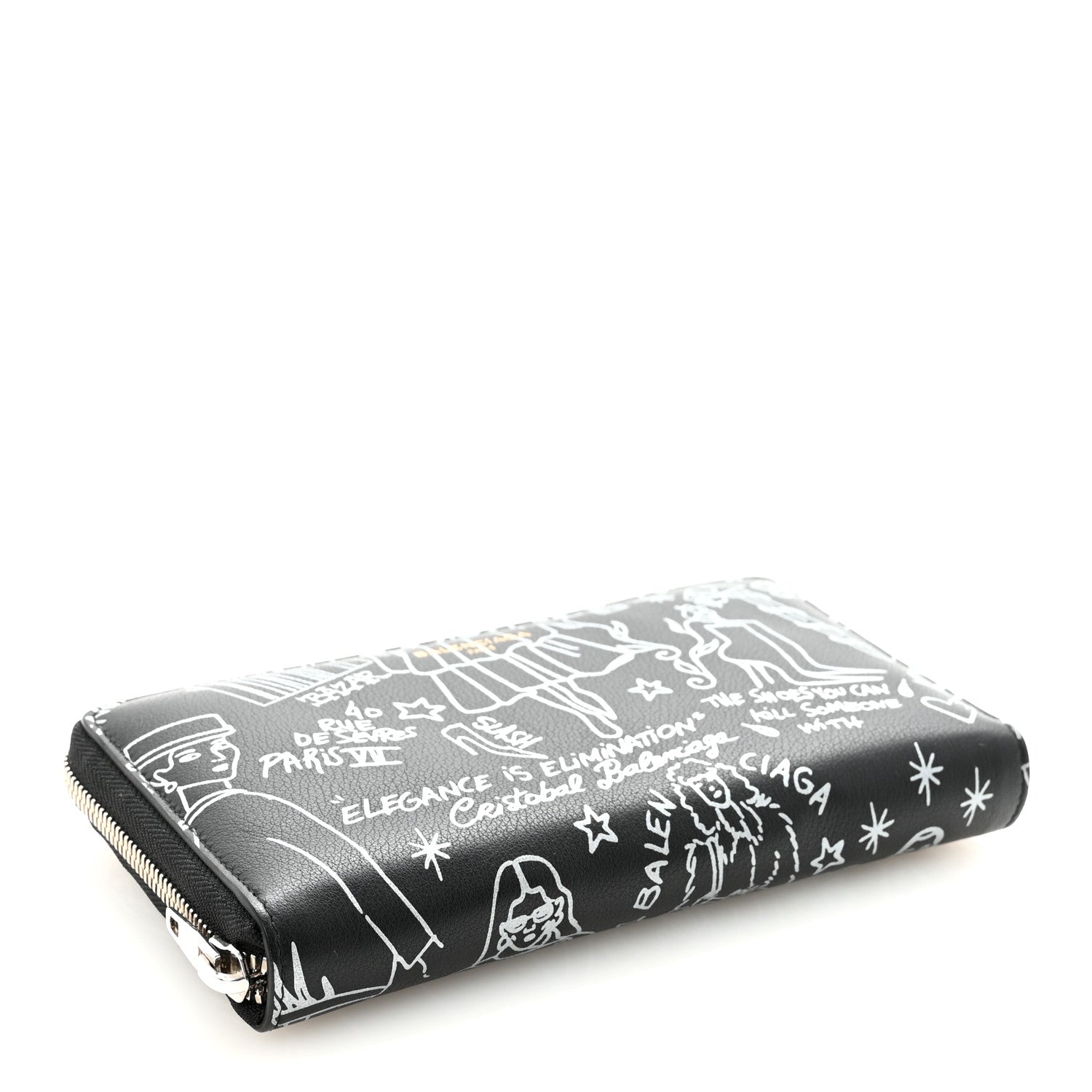 Balenciaga Calfskin Classic Silver Hardware Printed Tattoo Everyday Continental Zip Around Wallet Black 4 of 7