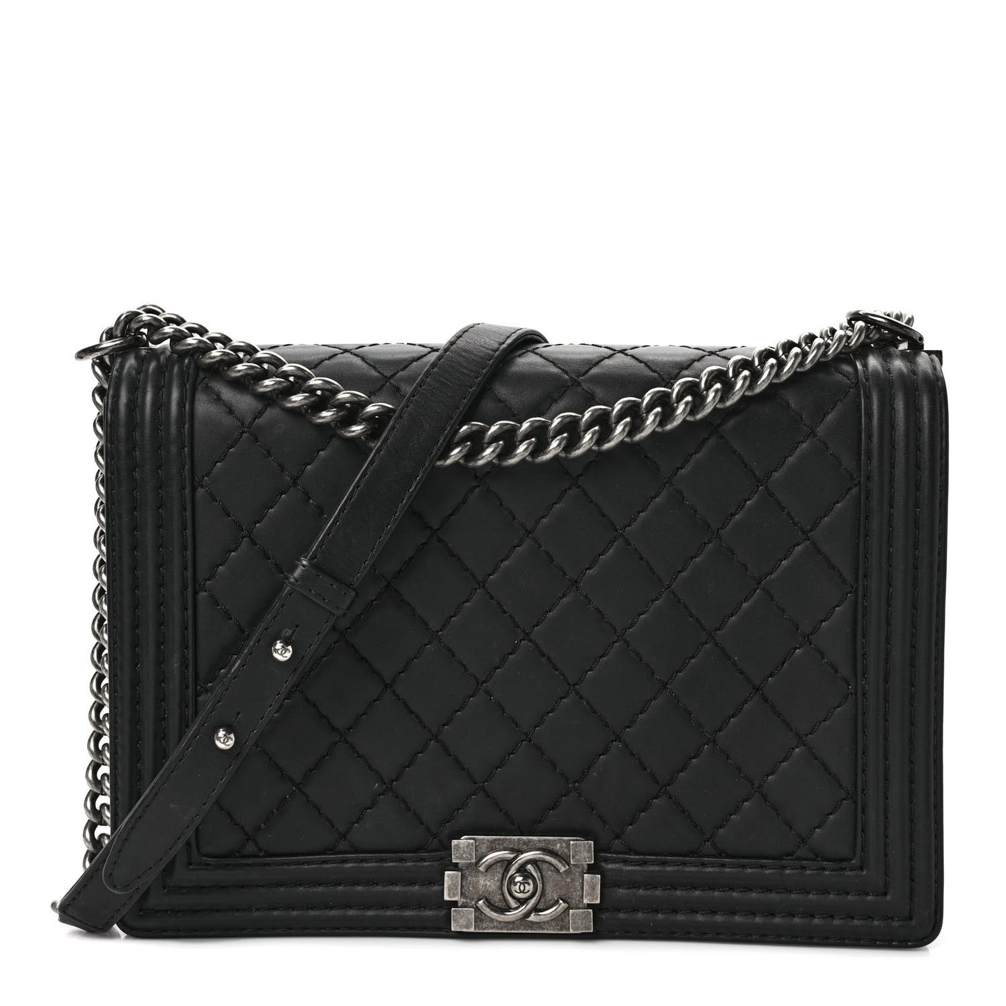 Calfskin Quilted Large Boy Flap Black