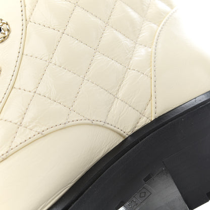 Chanel Shiny Goatskin Calfskin Quilted Lace Up Combat Boots 37.5 White Black 10 of 16