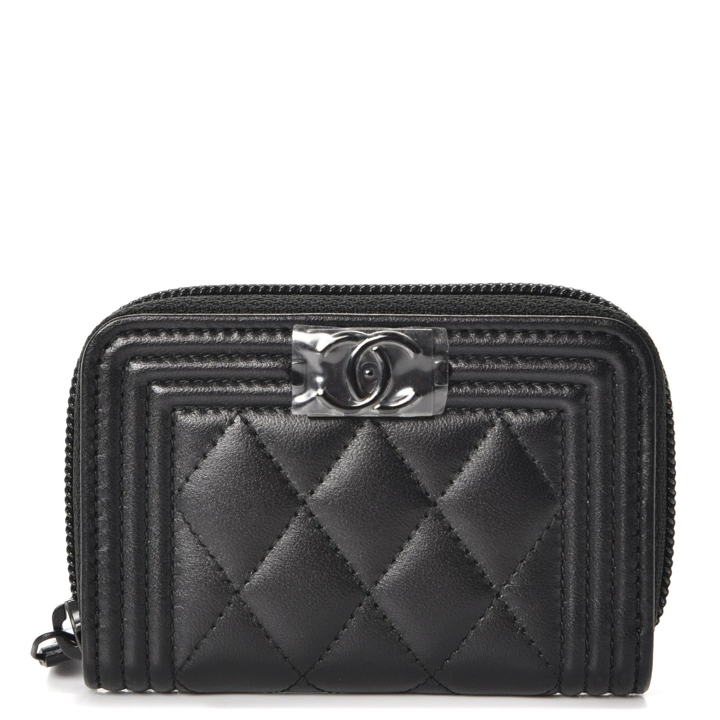Lambskin Quilted Zip Around Boy Coin Purse Wallet So Black