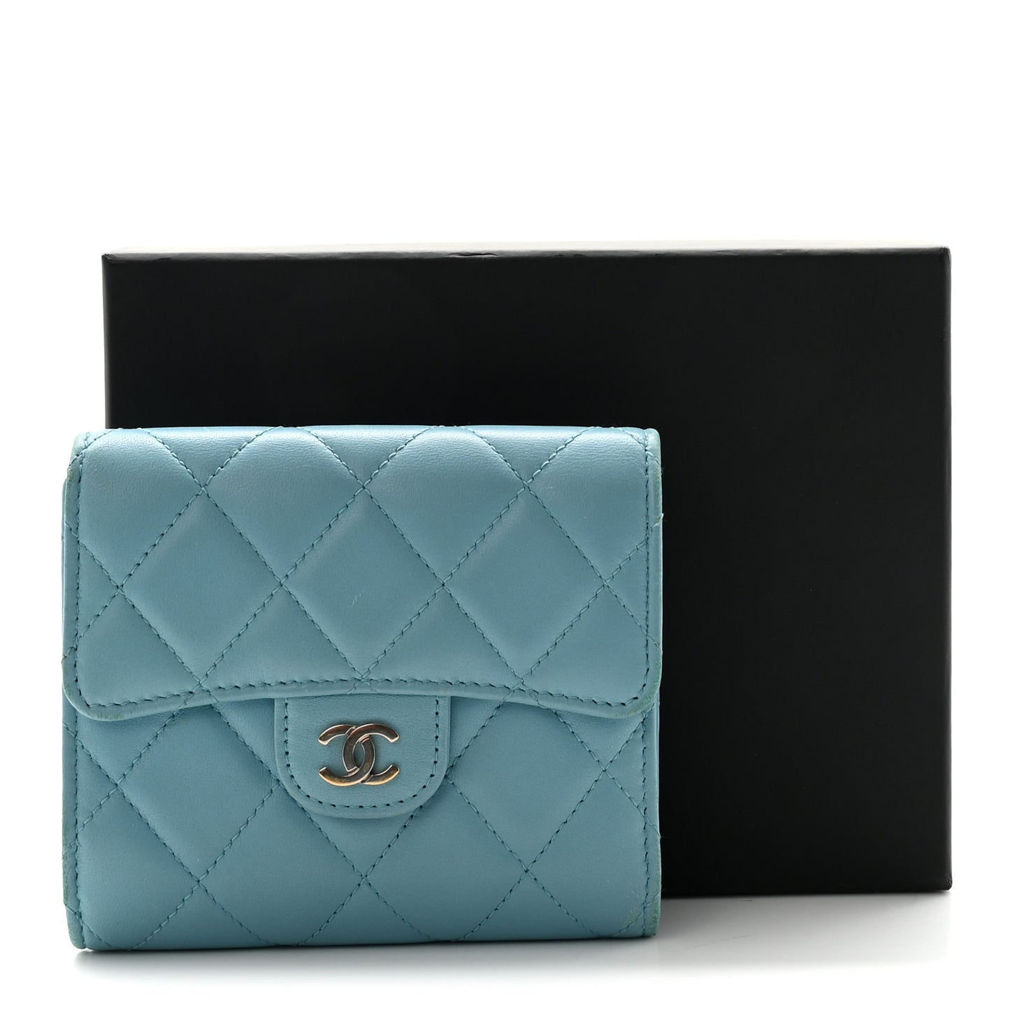 Lambskin Quilted Compact Flap Wallet Light Blue