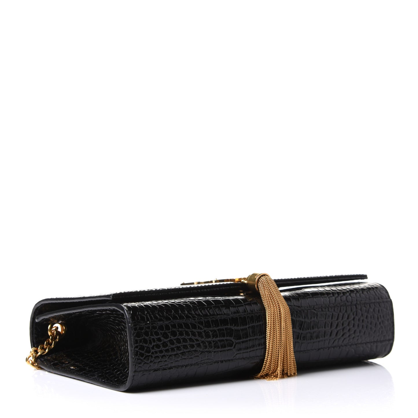 Calfskin Crocodile Embossed Medium Classic Monogram Kate Tassel Satchel Black