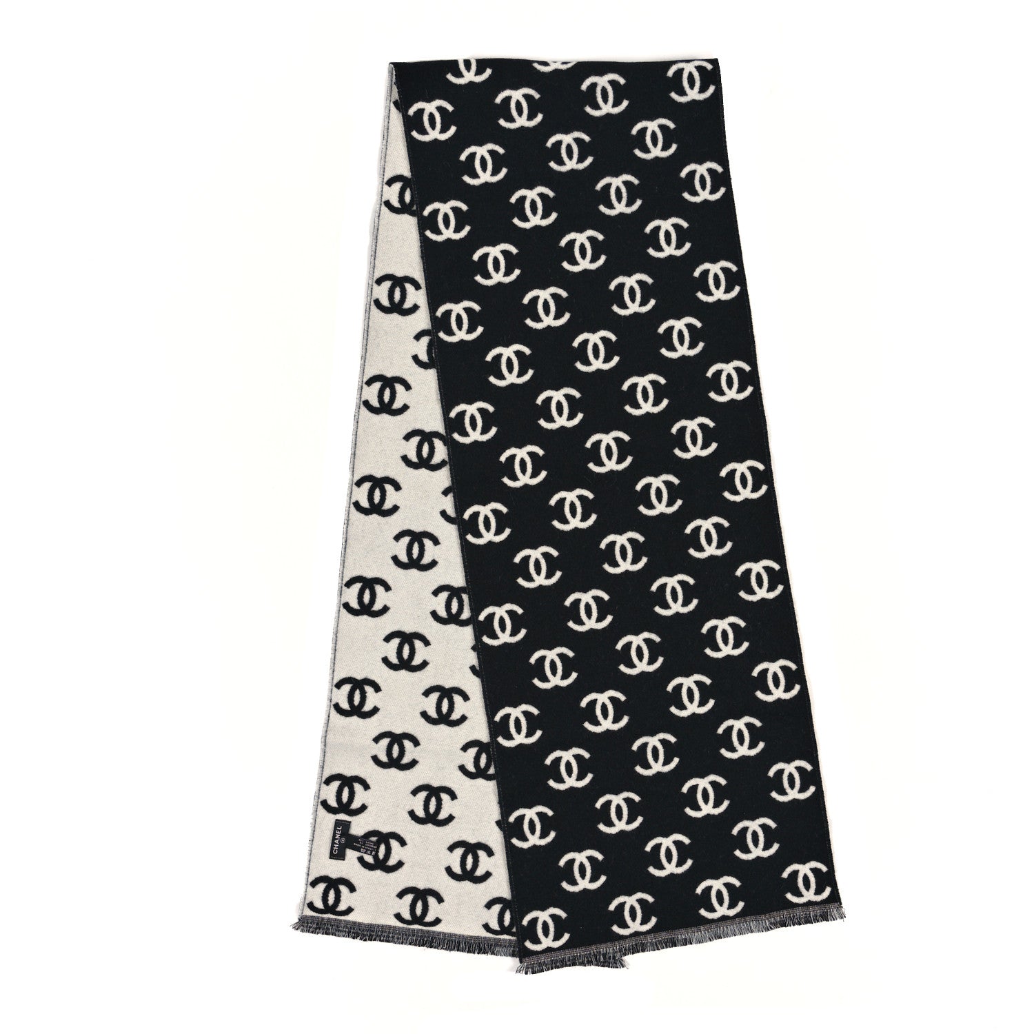 Chanel Wool Cashmere CC Scarf Black White 2 of 3