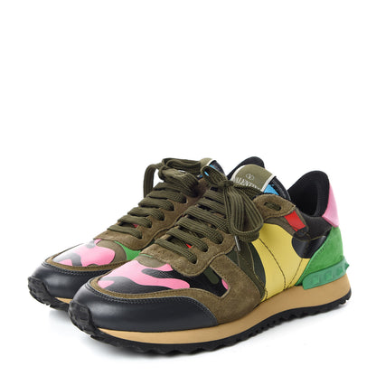 Valentino Garavani Nappa Suede Camouflage Womens Rockrunner Sneakers 37 Army Green Naples Yellow Ninphea 3 of 11