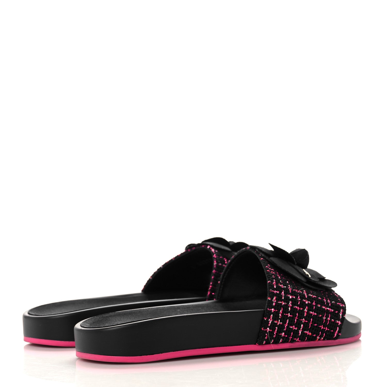 Chanel Tweed Grosgrain Camellia CC Flat Mules 36 Black Pink 4 of 8