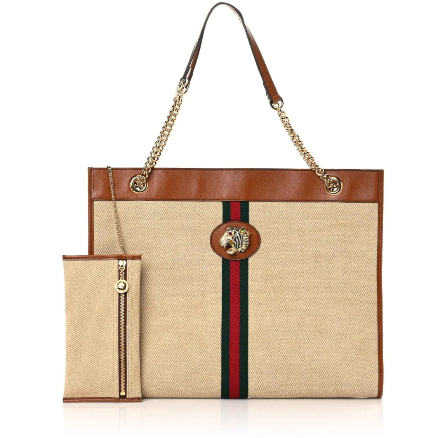 Gucci Vintage Canvas Calfskin Web Large Rajah Chain Tote Sand Light Cuir 1 of 12