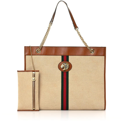 Gucci Vintage Canvas Calfskin Web Large Rajah Chain Tote Sand Light Cuir 1 of 12