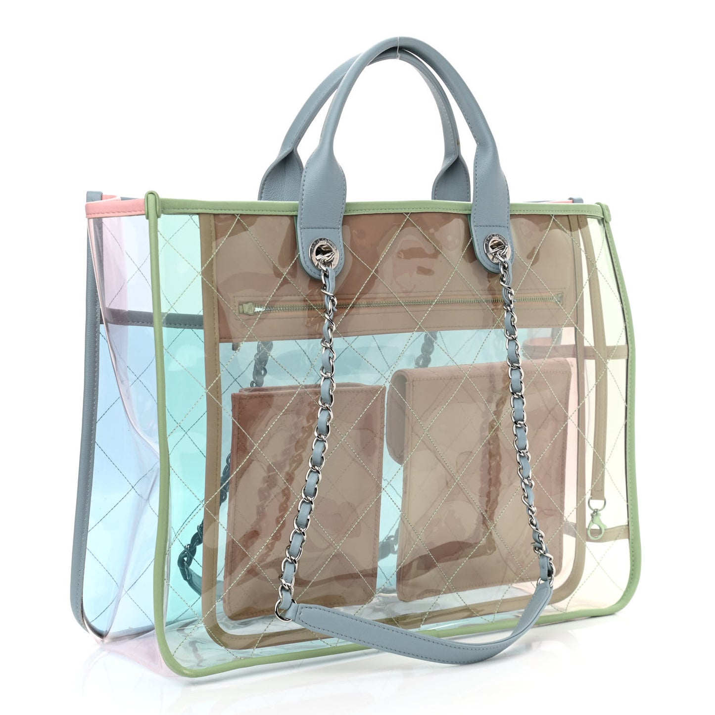 PVC Lambskin Stitched Medium Coco Splash Shopping Bag Blue Green Pink