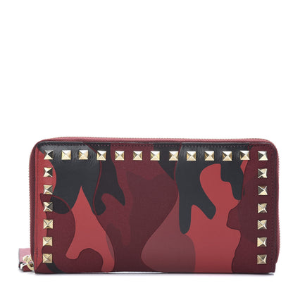 Valentino Garavani Canvas Calfskin Camouflage Rockstud Zip Around Wallet Red 1 of 9