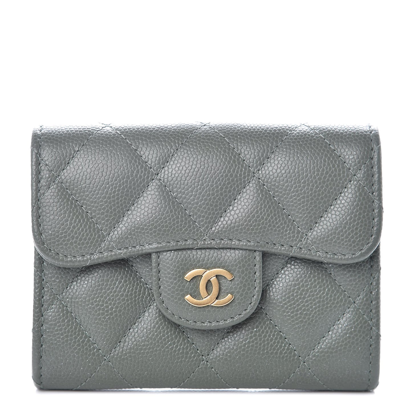 Iridescent Caviar Quilted Flap Card Holder Wallet Green