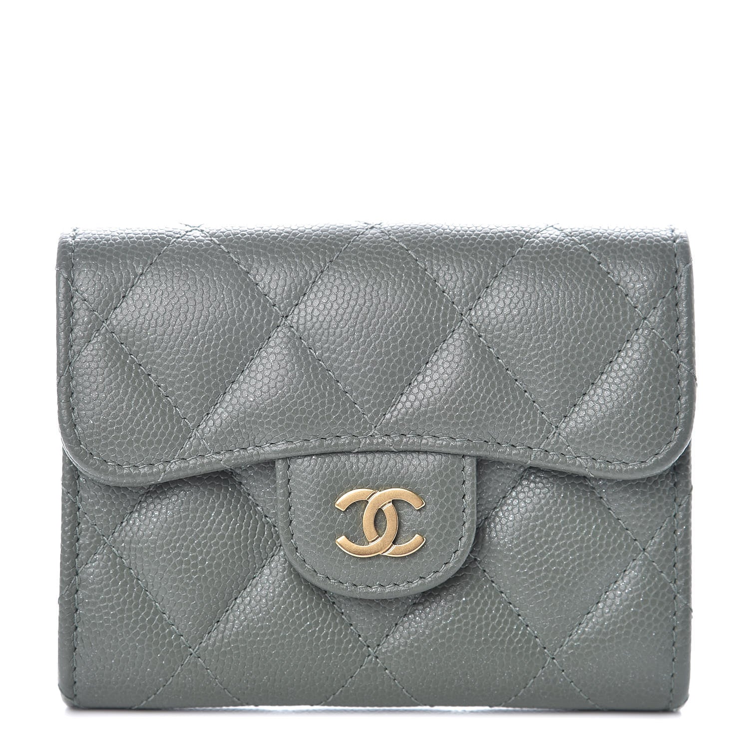 Chanel Iridescent Caviar Quilted Flap Card Holder Wallet Green 1 of 9