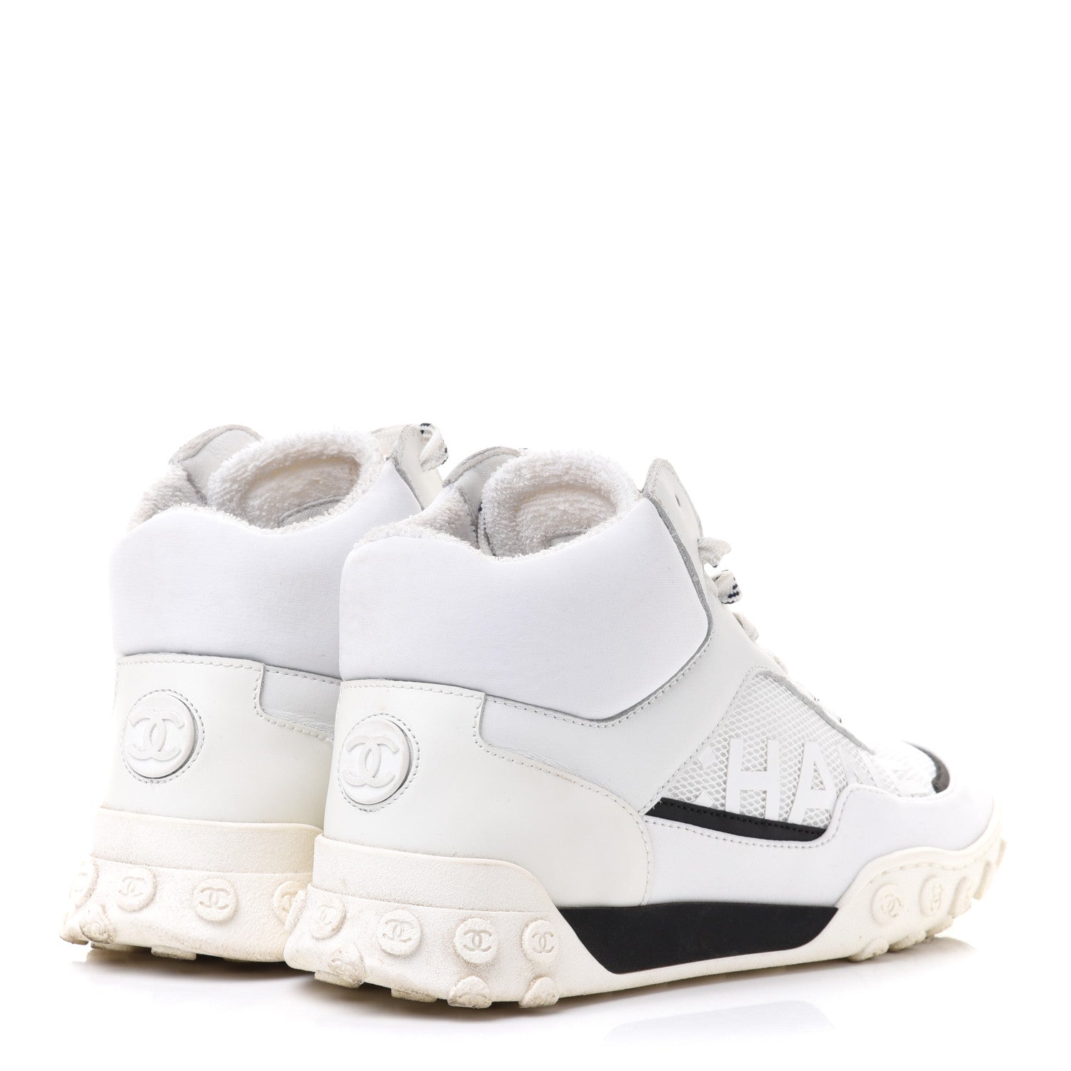 Chanel Calfskin Mesh Lycra Womens Logo High Top Sneakers 37 White 4 of 10