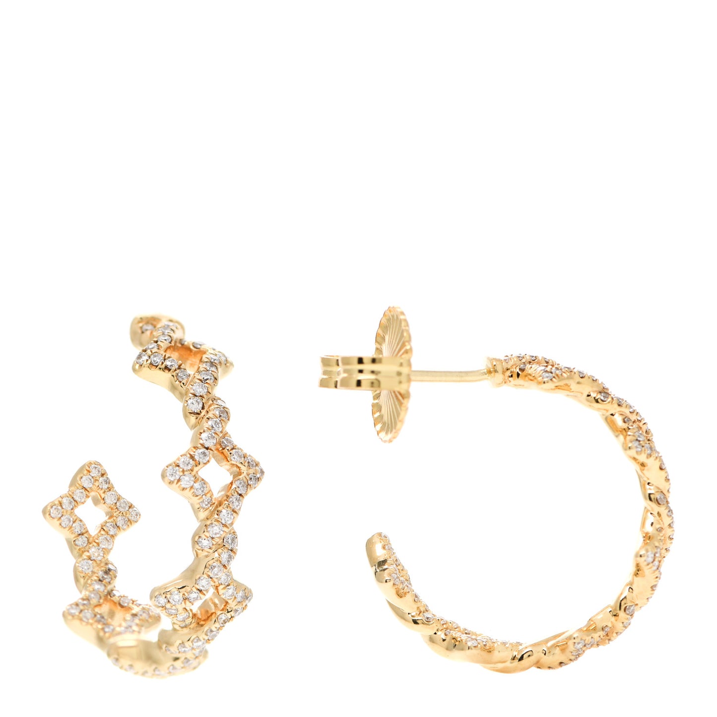 18K Yellow Gold Pave Diamond Small Venetian Quatrefoil Hoop Earrings