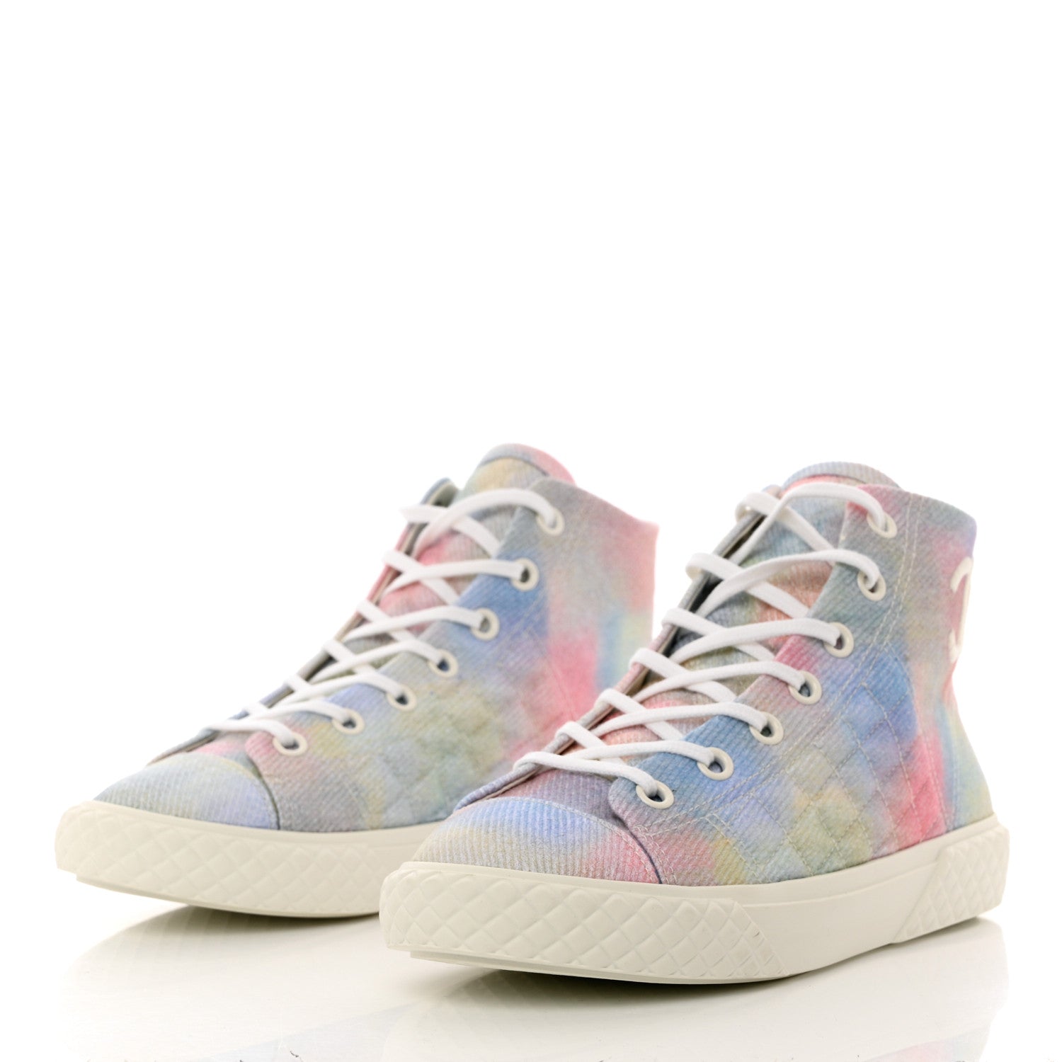 Chanel Printed Fabric High Top CC Sneakers 40 Green Pink Blue White 3 of 9