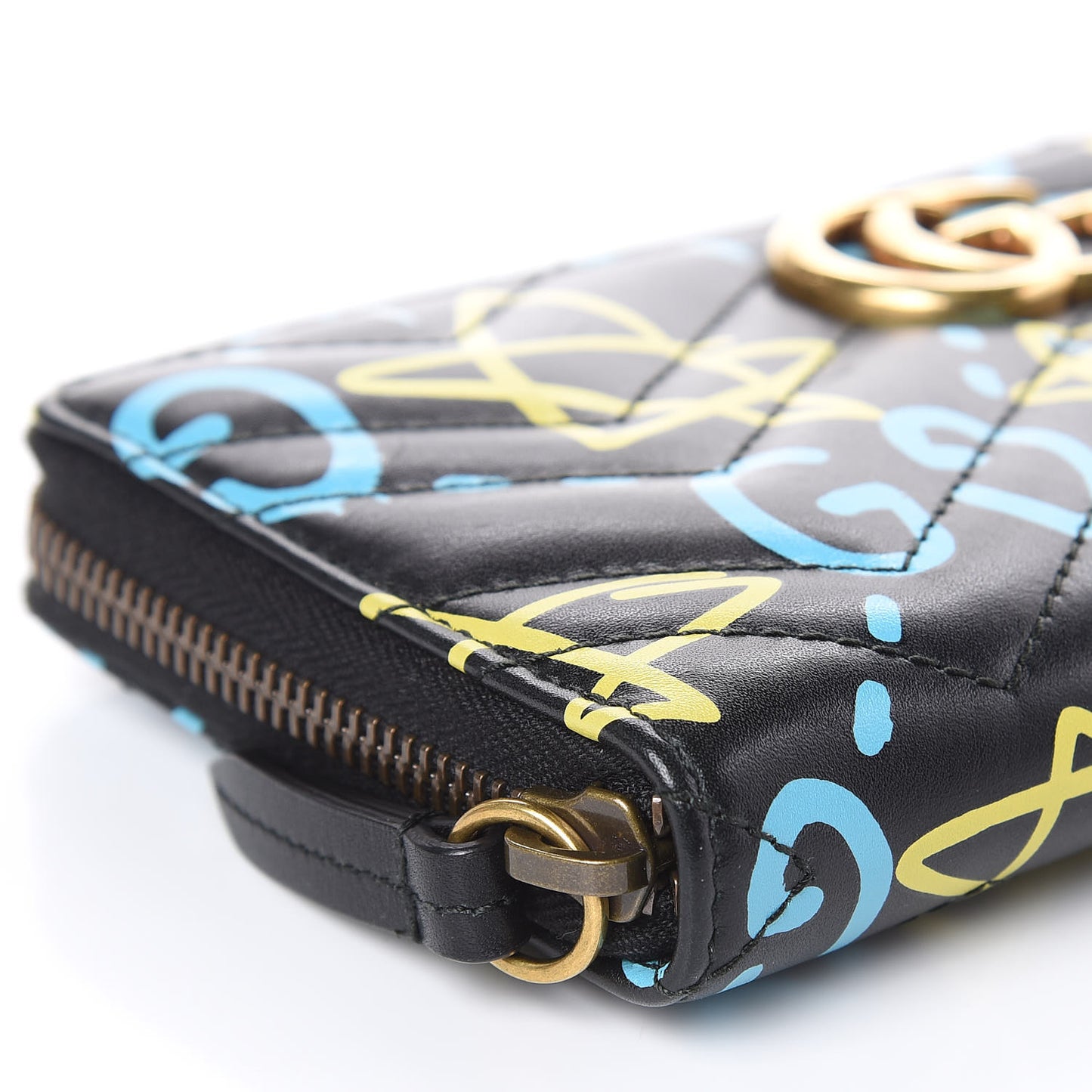 Calfskin Matelasse GucciGhost GG Marmont Zip Around Wallet Black New Acquamarine