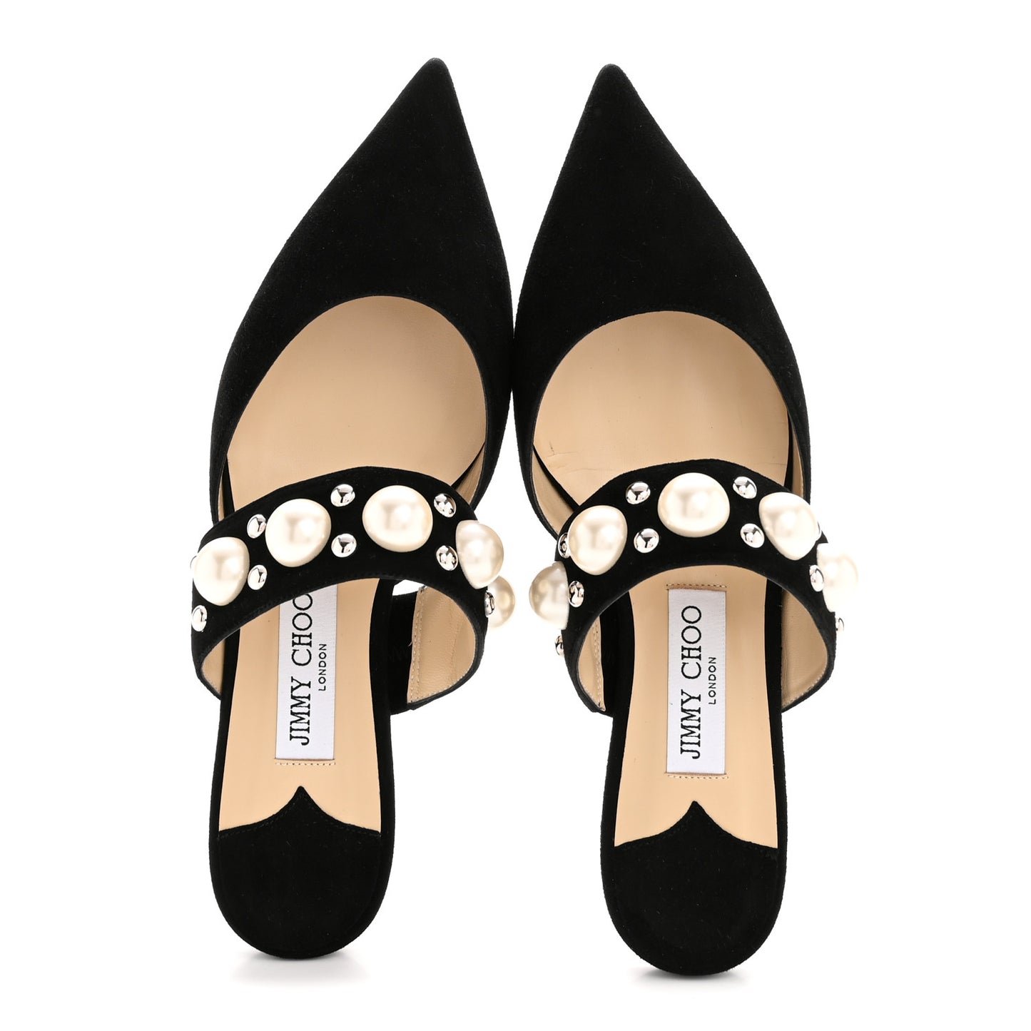 Suede Pearly Stud Embellished Basette Flat Mules 39 Black White