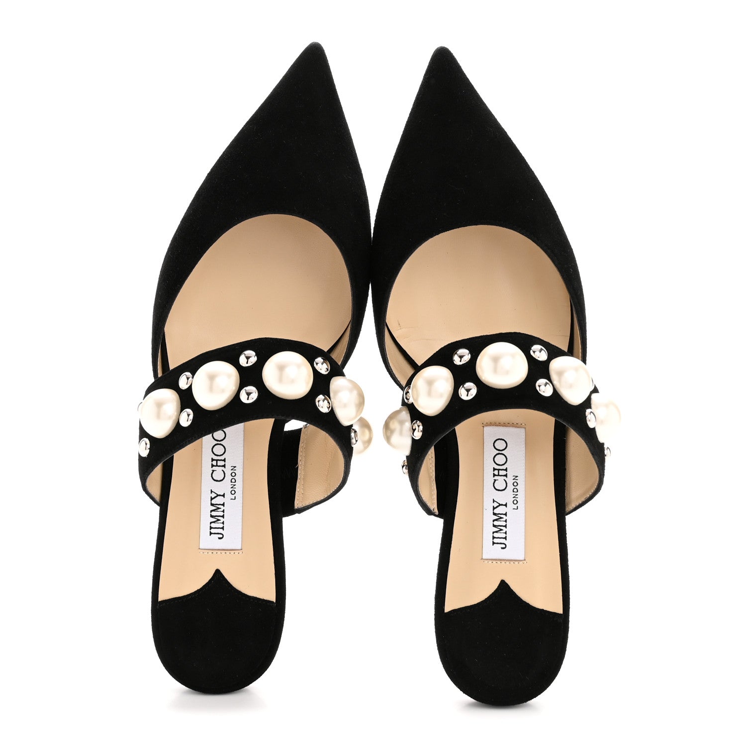 Jimmy Choo Suede Pearly Stud Embellished Basette Flat Mules 39 Black White 2 of 9