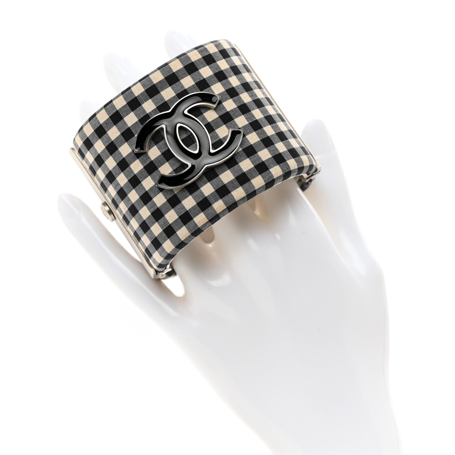 Chanel Fabric Metal Enamel Gingham CC Cuff Black White 2 of 4