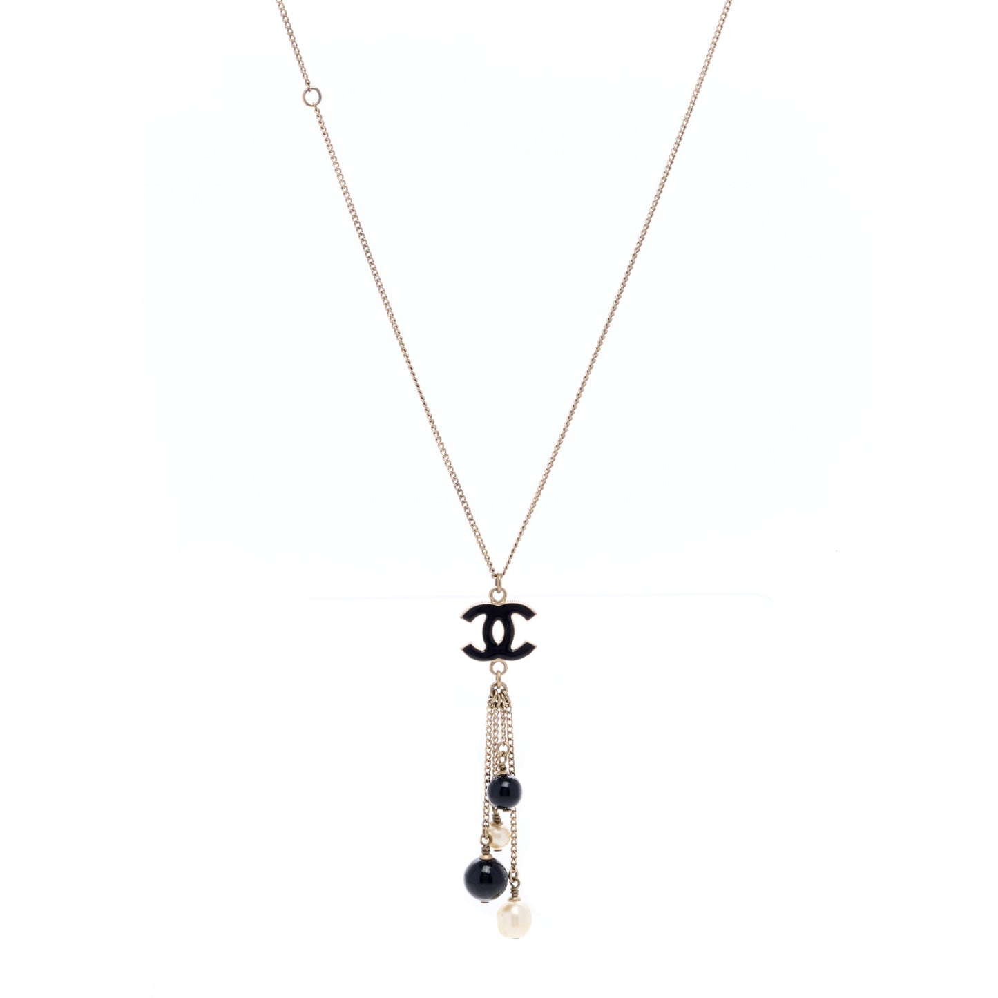 Enamel Bead Pearl CC Drop Necklace Black Gold