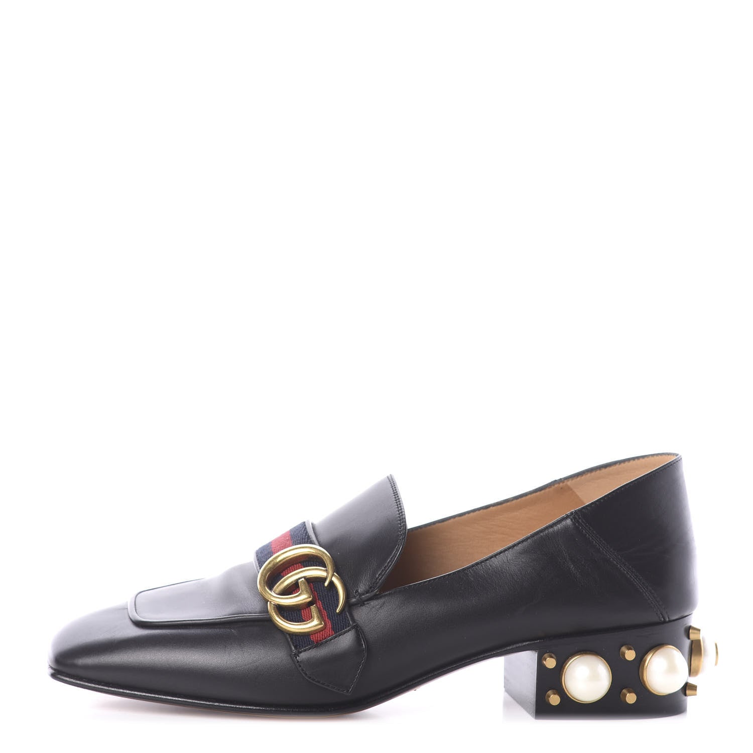 Gucci Betis Glamour Calfskin Web Pearl Embellished Peyton 35mm Loafer Pumps 38 Black 1 of 7