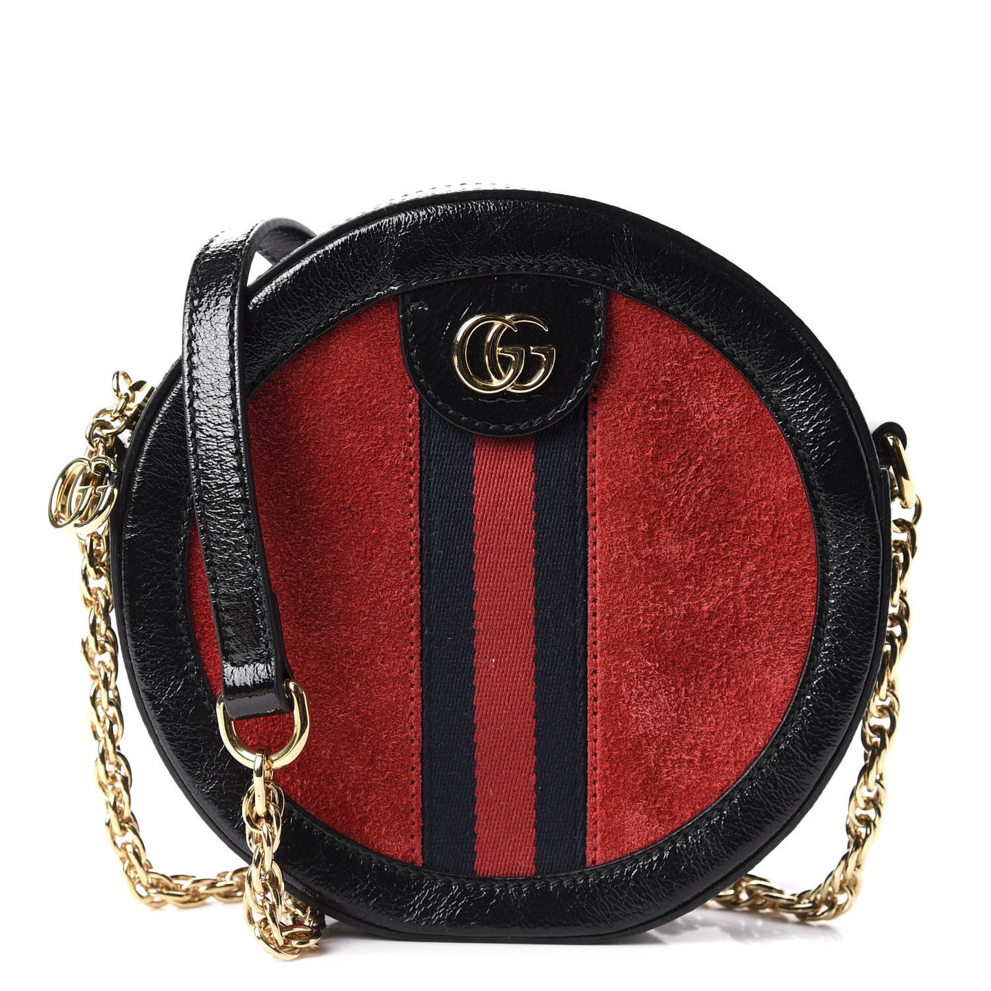 Suede Patent Web Mini Ophidia Round Shoulder Bag Hibiscus Red Black
