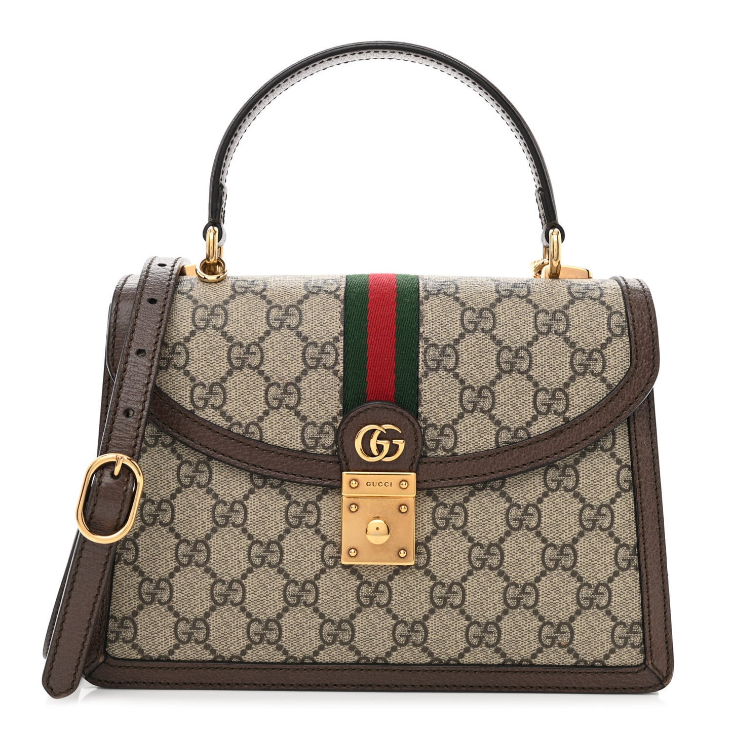 GG Supreme Monogram Textured Dollar Calfskin Web Small Ophidia Padlock Top Handle Bag Beige Ebony New Acero